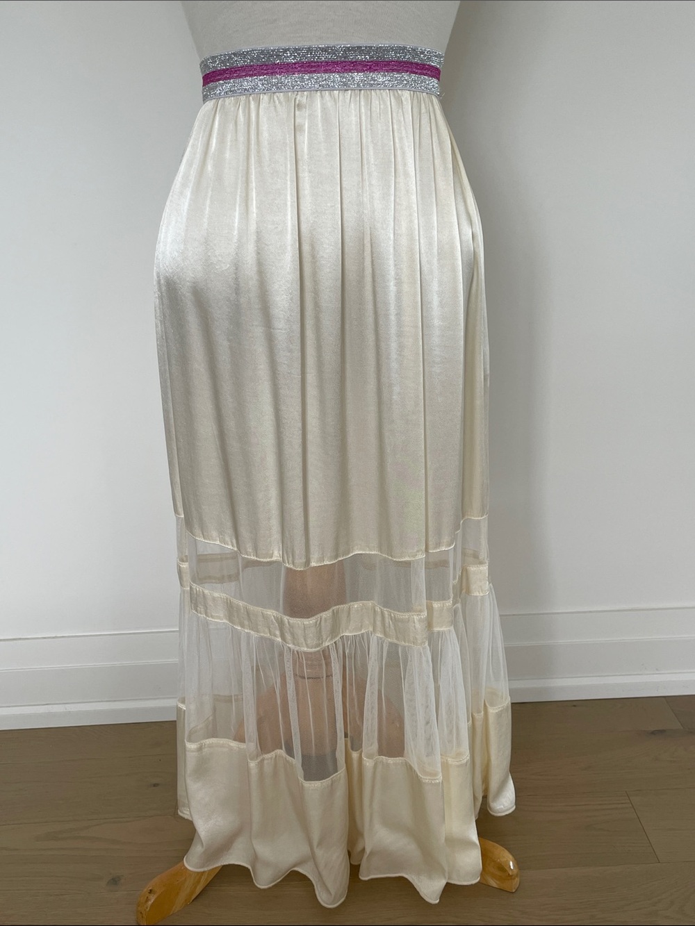 Maryley- Made in Italy - Ivory Satin Maxi Skirt with Glitter Stripe Waistband
